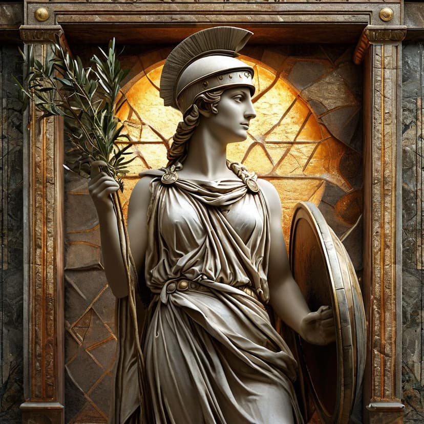 A marble Athena in flowing robes and Corinthian helmet holds an olive branch and shield before a geometric backdrop