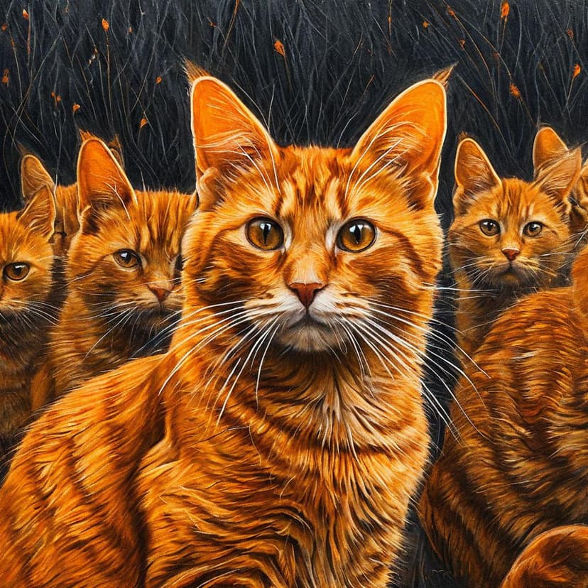 A single orange cat stands out among a pencil-drawn colony