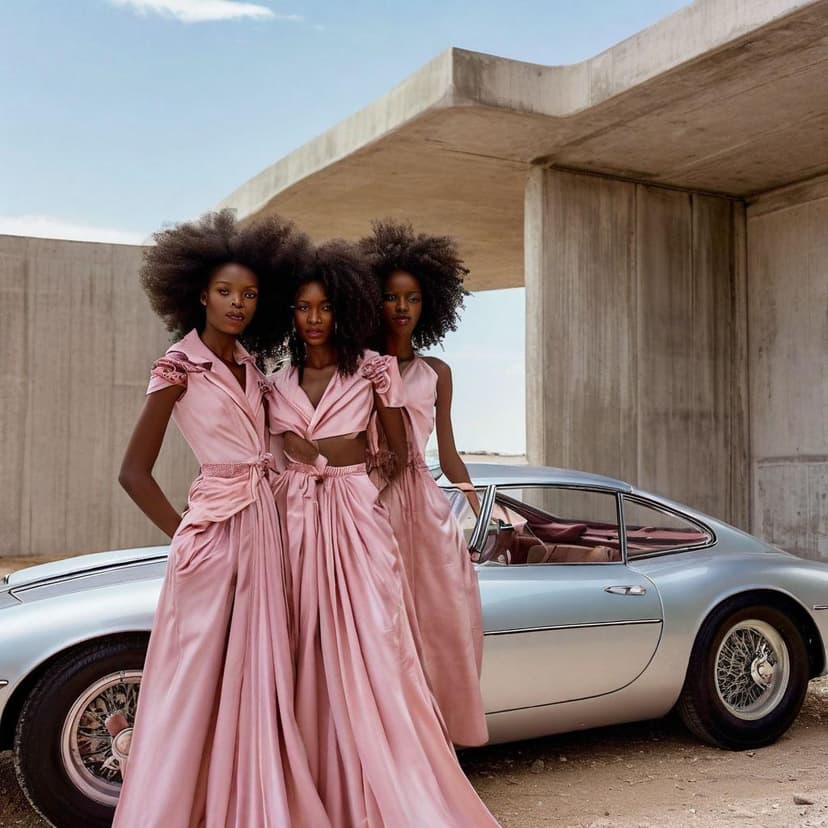 Elegant Sudanese models in pastel Prada velvet pose with voluminous curls beside a space-age car