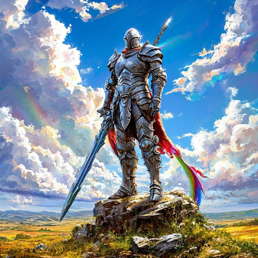 A silver warrior stood upon a giant sword