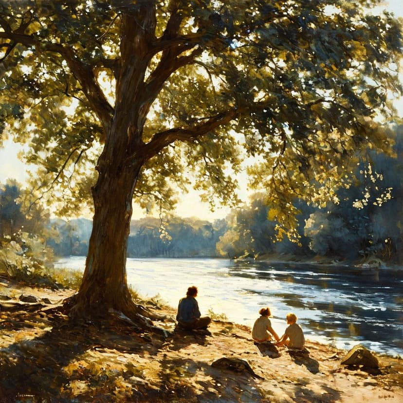 A towering tree casts dappled shade on two figures resting by a sunlit