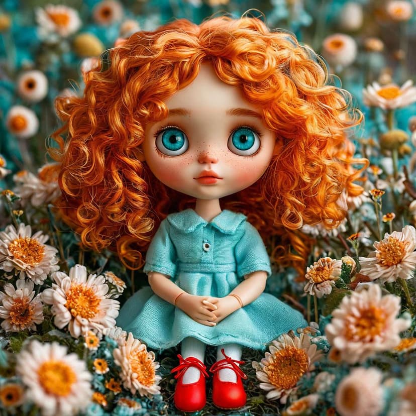 A doll with glossy orange curls and teal eyes sits among flowers