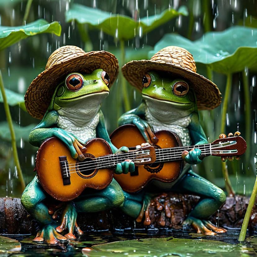 Two tree frogs in straw hats perch on a stem; one strums a guitar