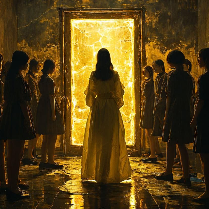 A lone Korean woman stands in a dark room