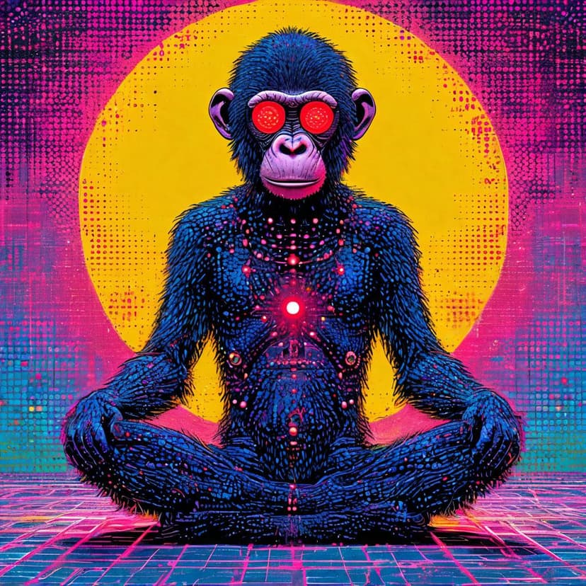 A cyber simian glows in meditation
