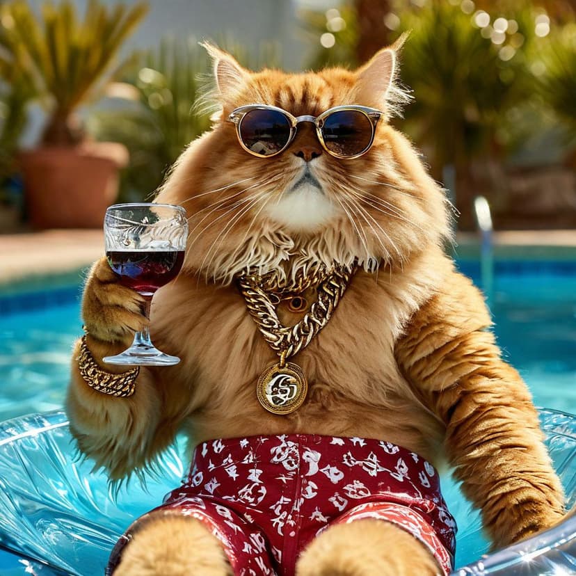 A fluffy cat in sunglasses and boxers sips wine on a pool float