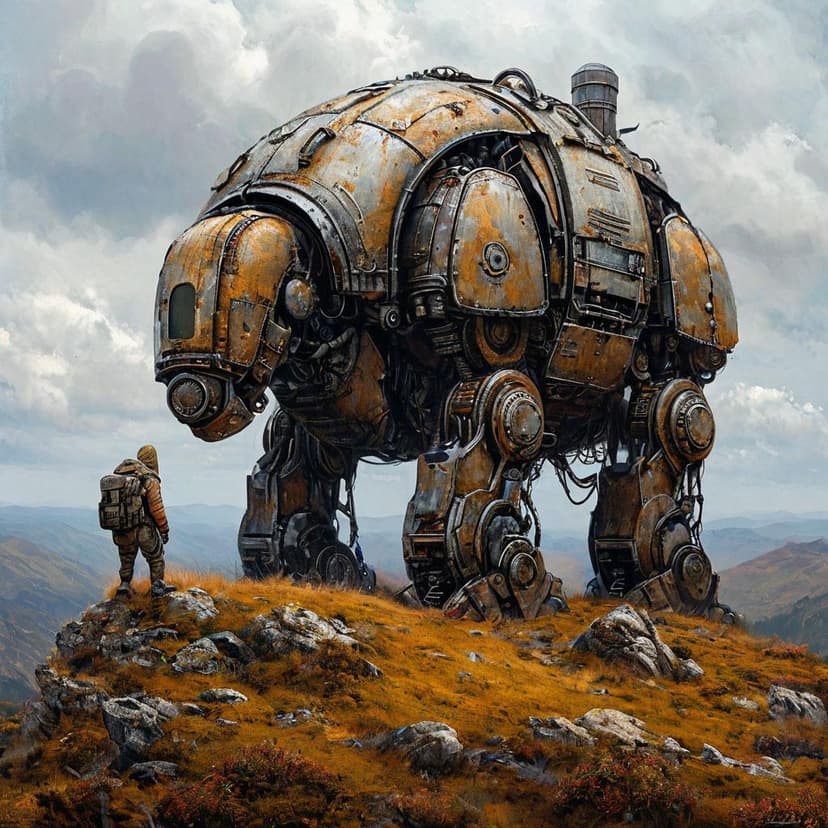 A colossal machine slumbers on a dusky ridge