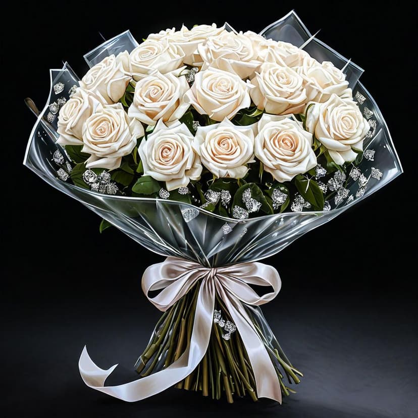 A vibrant anime bouquet of white roses in plastic wrap