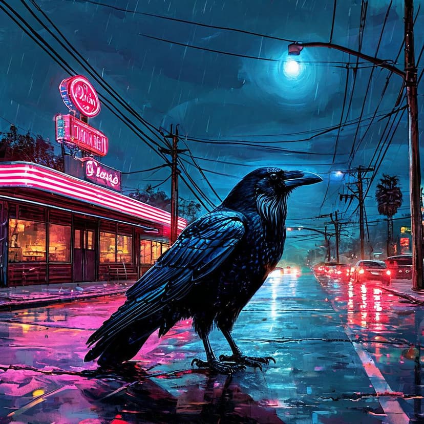 A lone raven on a night highway