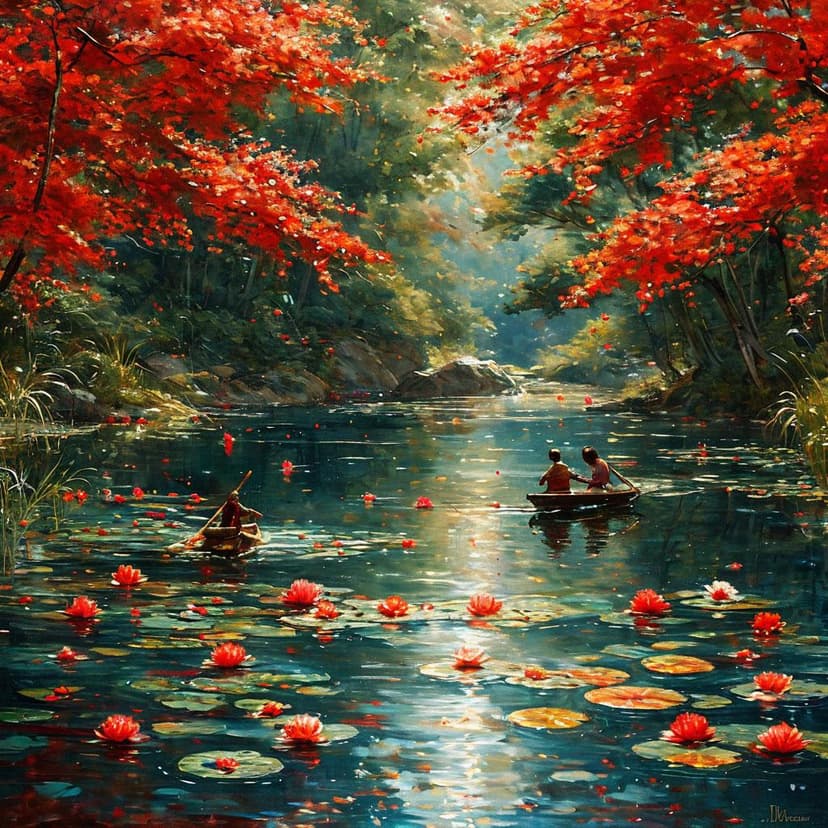 Sunlight dapples a pond where red carp glide beneath lotus leaves