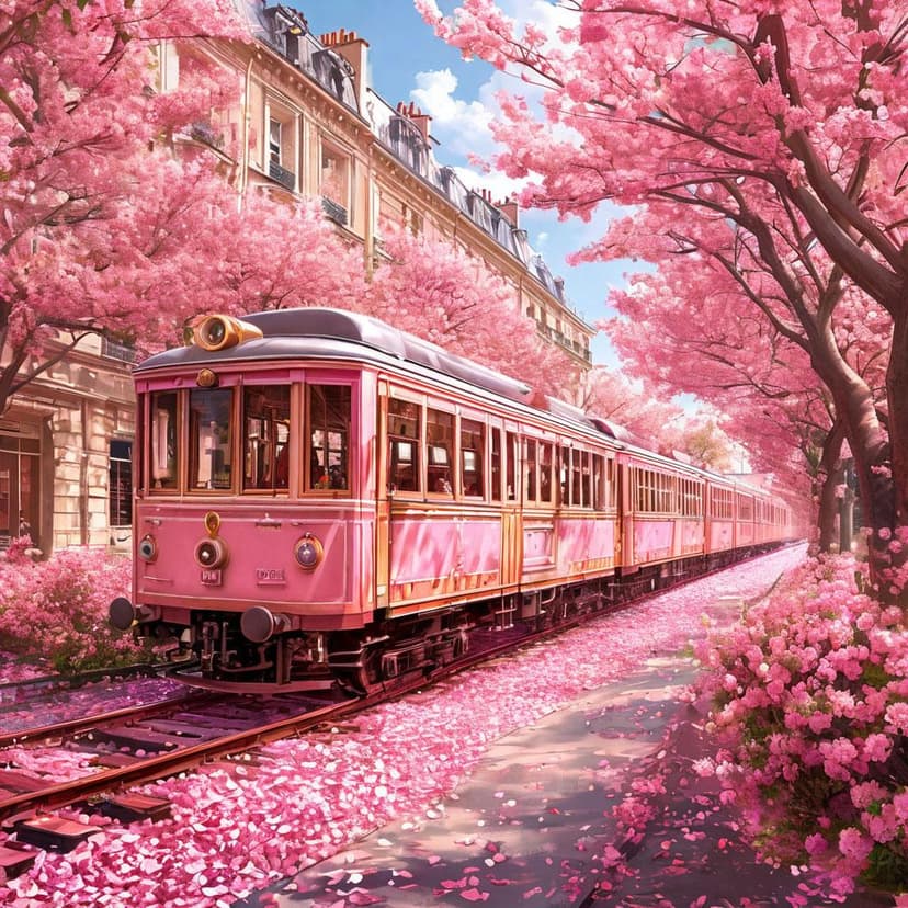 A pastel train with flowing floral interiors drifts through a Paris spring