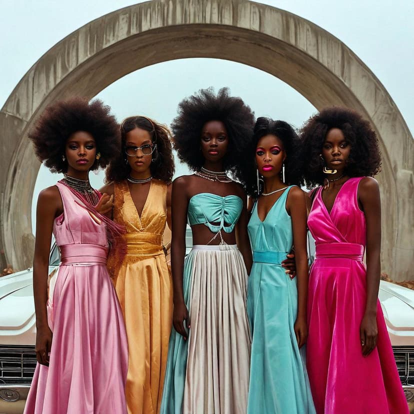 Sudanese models in mod Prada: pastel velvet dresses