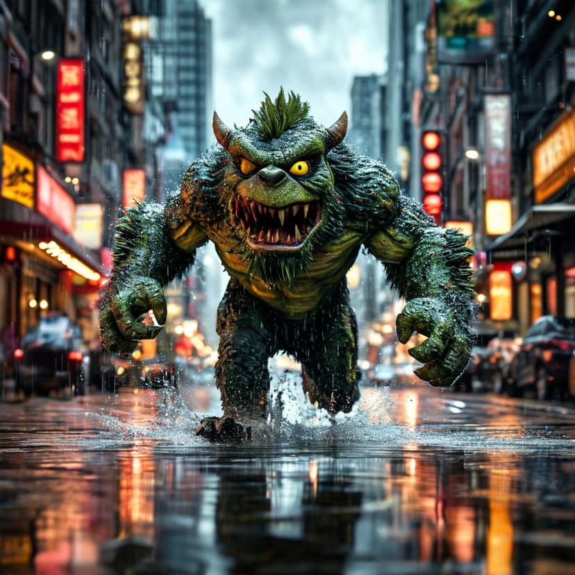 A monster mascot dashes through a rainy street