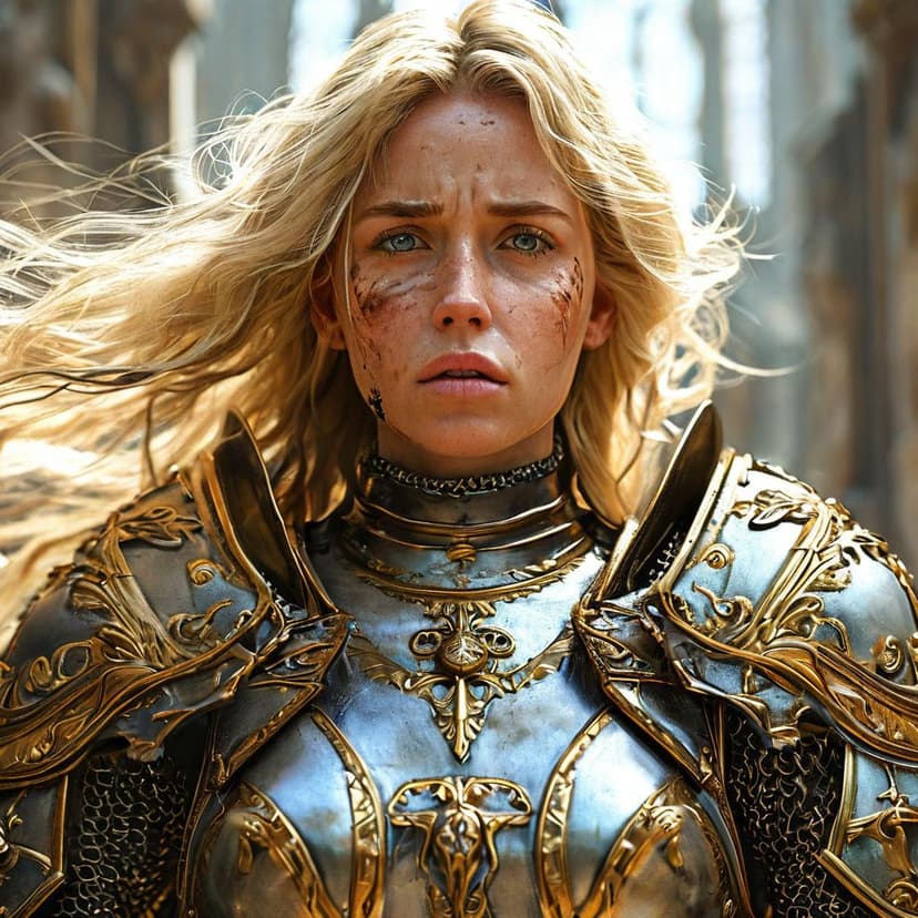 A fierce female Holy Paladin in gleaming gold-silver armor