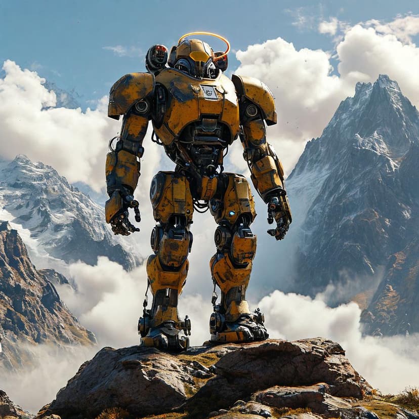 A halo-crowned robot prays atop Mount Cutlass