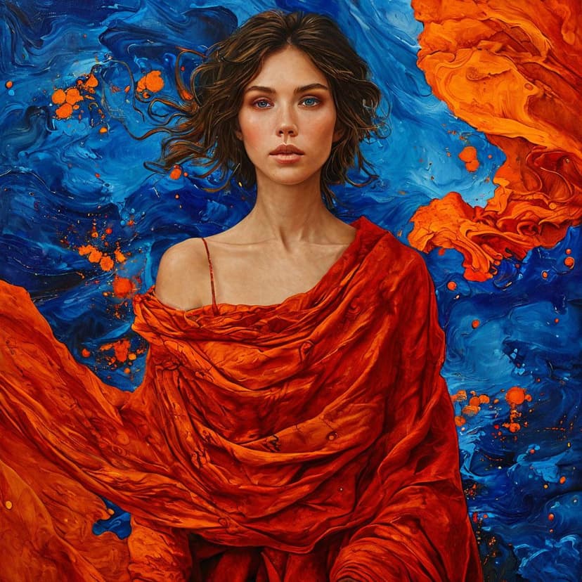 A woman in a fiery crimson shawl stands among surreal forms