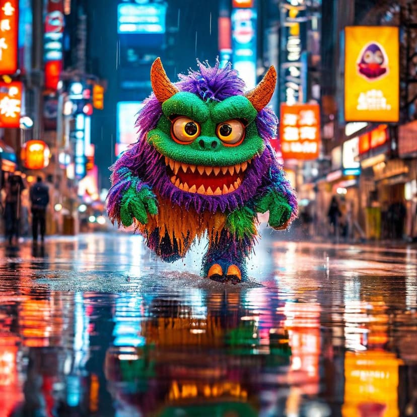 A rain-slicked street glows as a vibrant monster mascot sprints through soft daylight