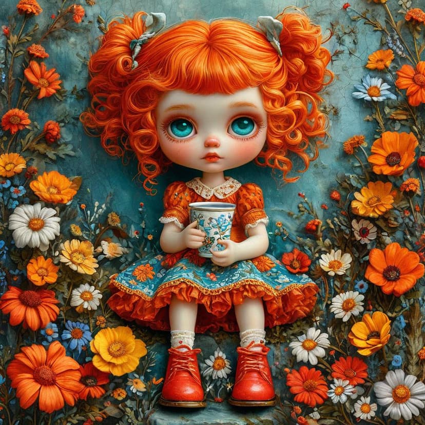 A teal-eyed doll with orange curls sits among flowers