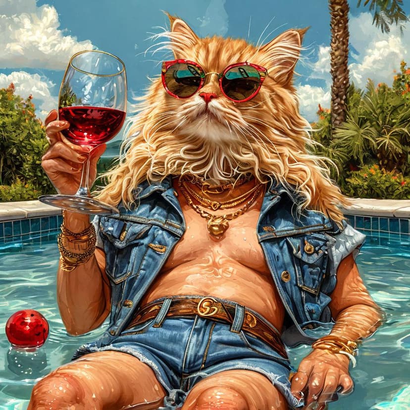 A fluffy cat in Gucci shades and shorts sips wine while floating under the sun