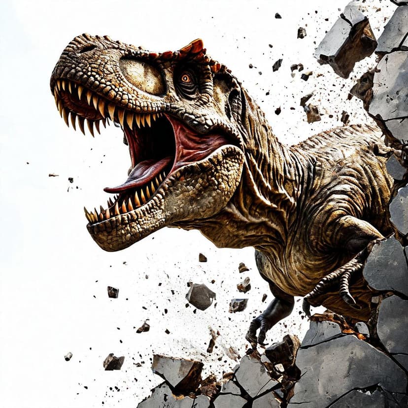 A T-Rex bursts through a shattered wall
