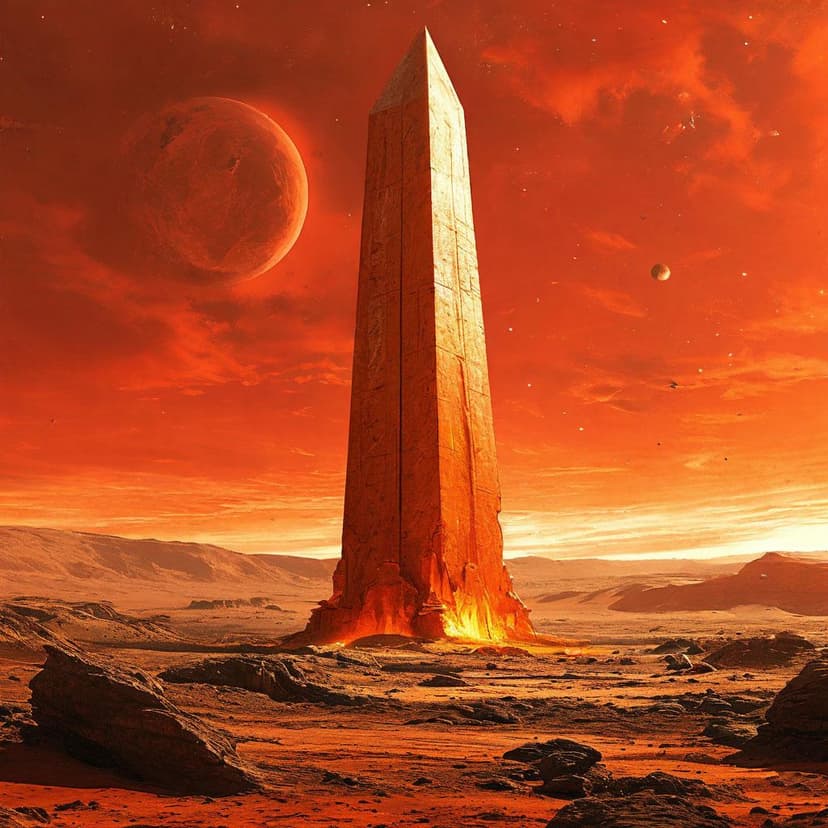 A brutalist orange-lit obelisk pierces the red Martian sky