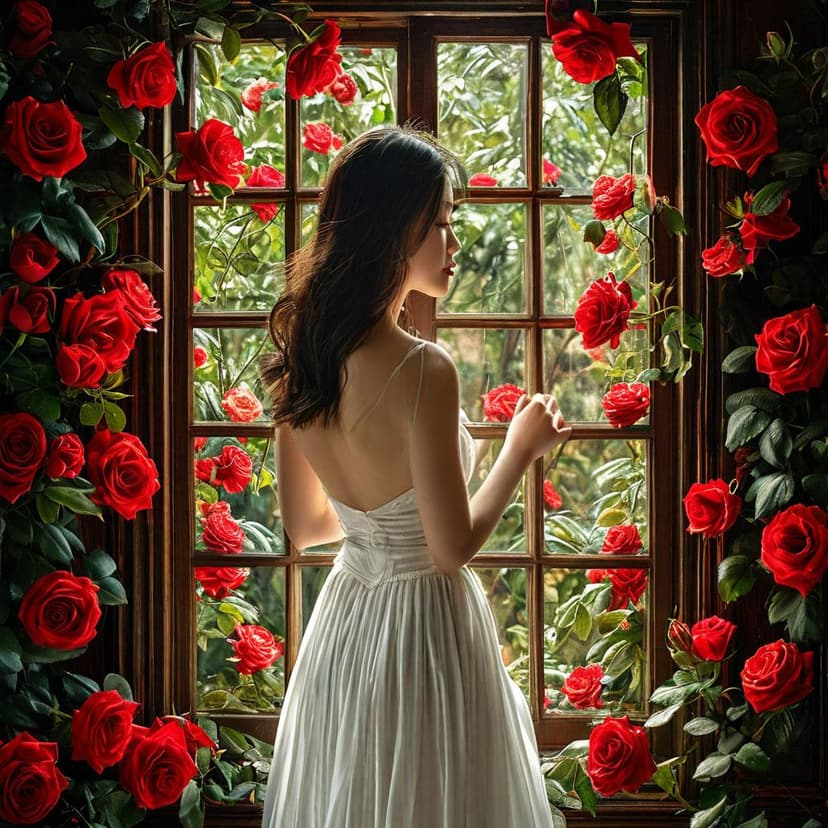 A young Asian woman in a white dress opens a dark wooden window