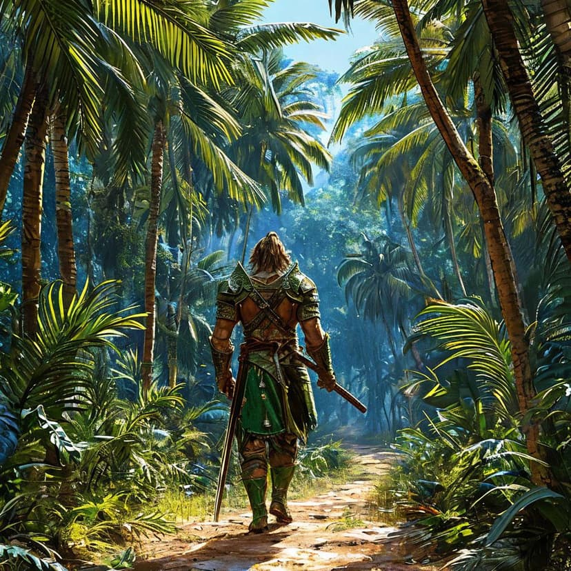 A warrior in green coconut-leaf armor strides down a dusty path