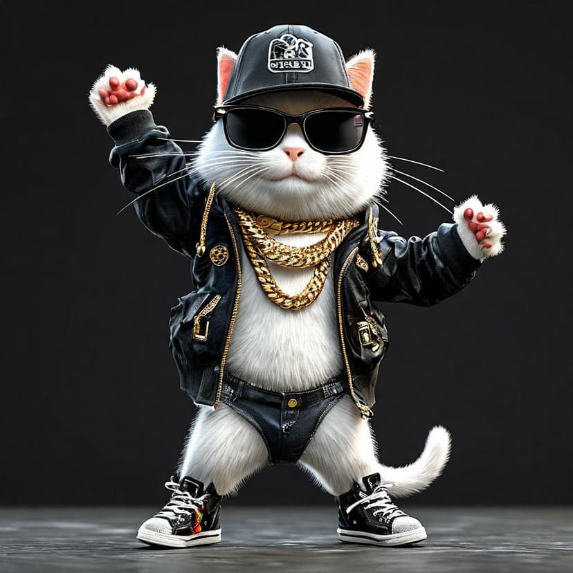 A white cat in hip-hop gear strikes a street dance pose