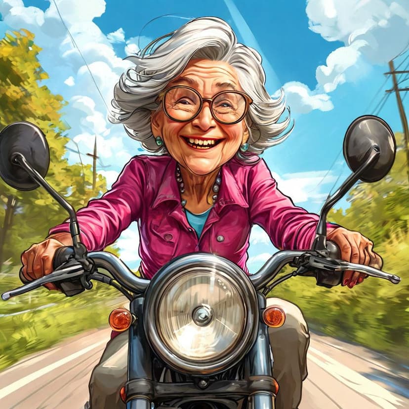 A silver-haired granny zooms on a motorcycle