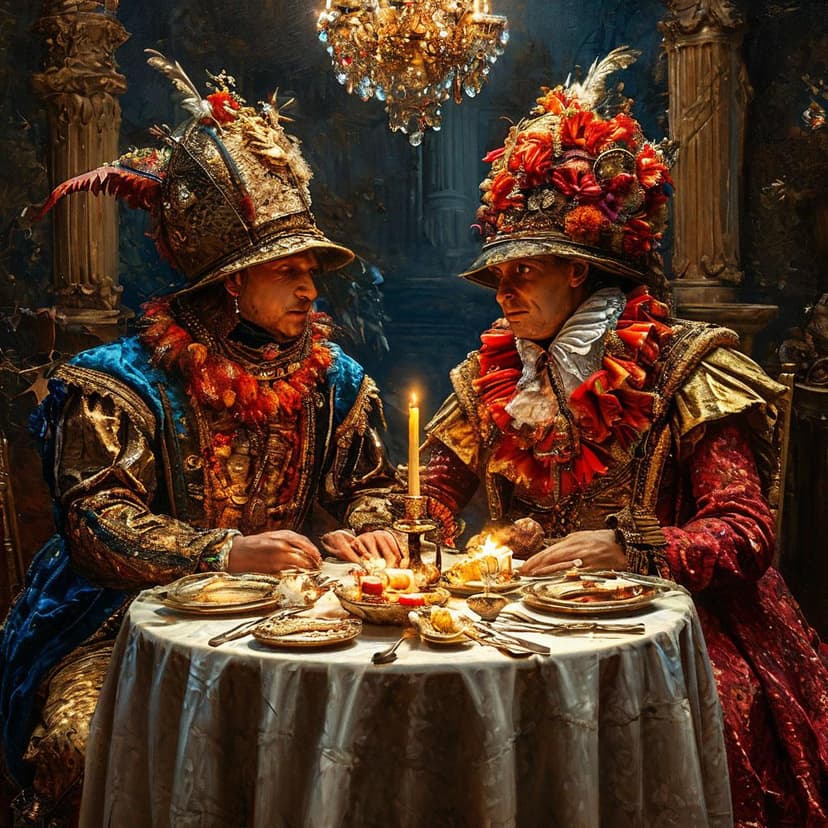 Two figures in extravagant costumes sit at a candlelit table