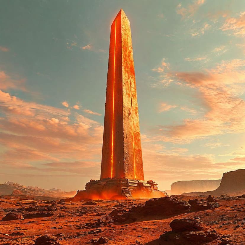 A brutalist Martian obelisk glows with stark orange neon against the red dust