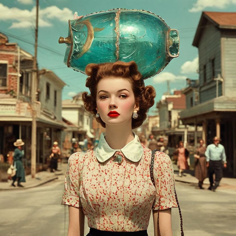 A 1950s lady with an aquarium head strolls the street
