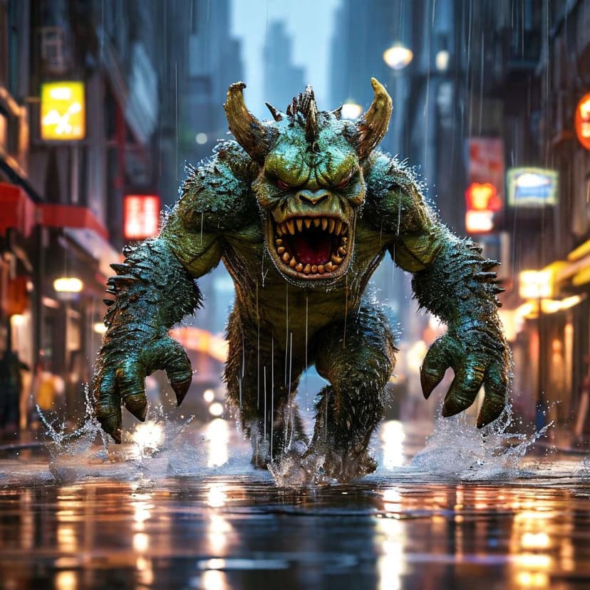 A rain-drenched monster mascot dashes through a cinematic street