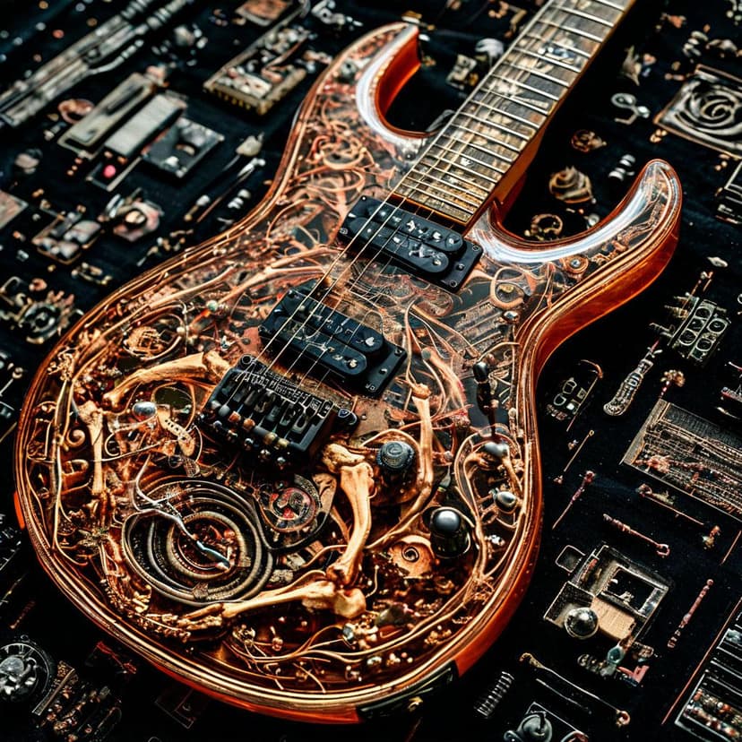 An intricate Art Nouveau X-ray guitar reveals translucent innards with musical bones and eerie details