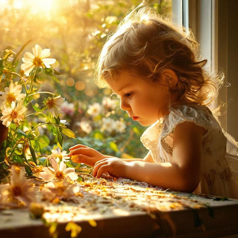 A child’s curious fingers trace the petals of a window-sill bloom