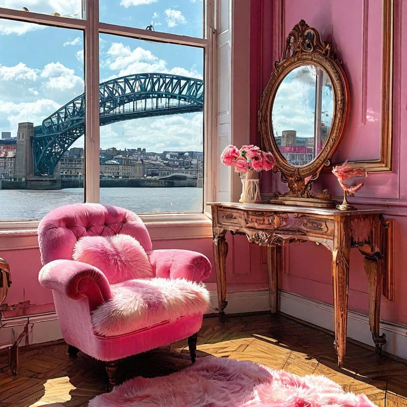 A pink cloud armchair with a fluffy vanity mirror stands in Newcastle