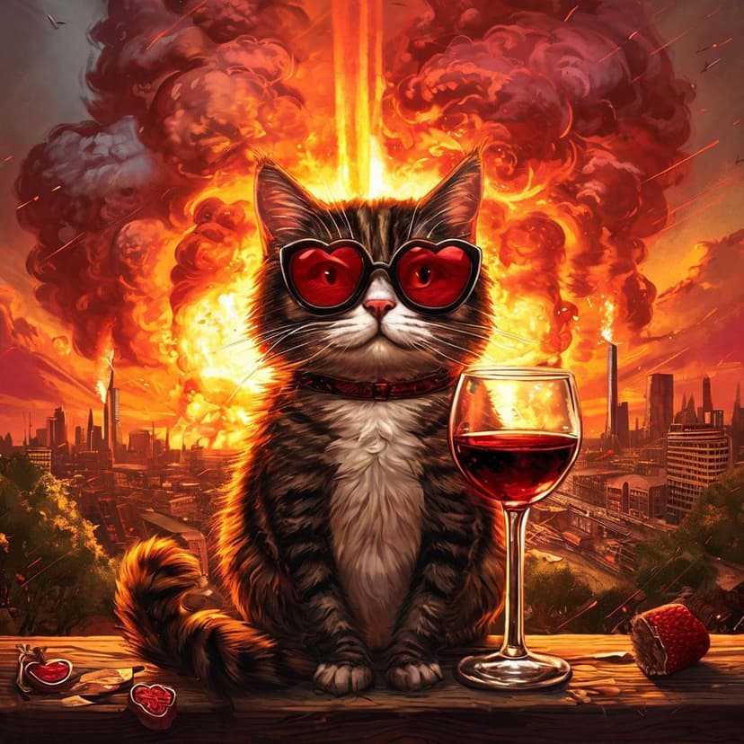 A cat in heart-shaped shades sips wine