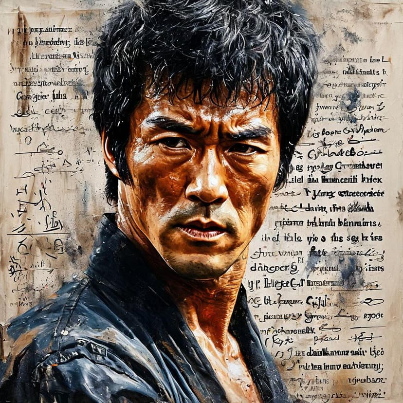 Bruce Lee materializes from a tempest of swirling ink and ancient script