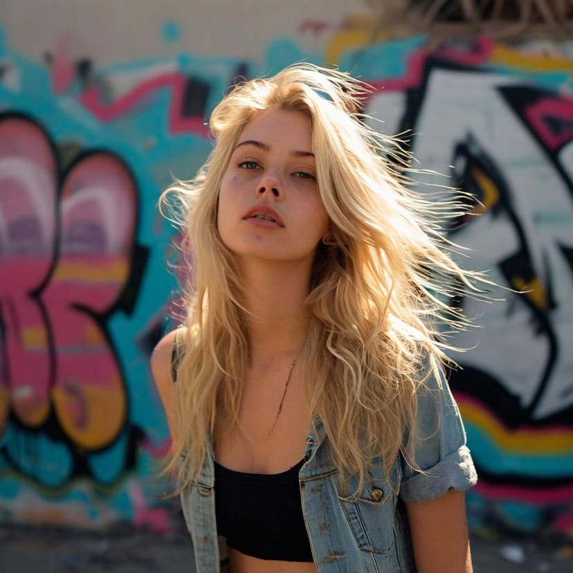 A ’90s blonde in a grunge haze leans against graffiti