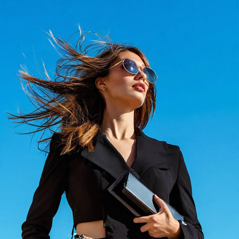 A confident model in bold designer wear clutches a sleek gadget