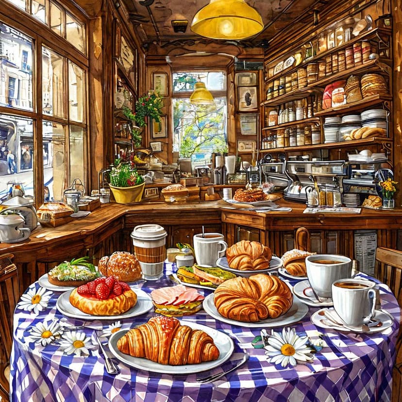 A bustling sketch cafe: checkered cloth