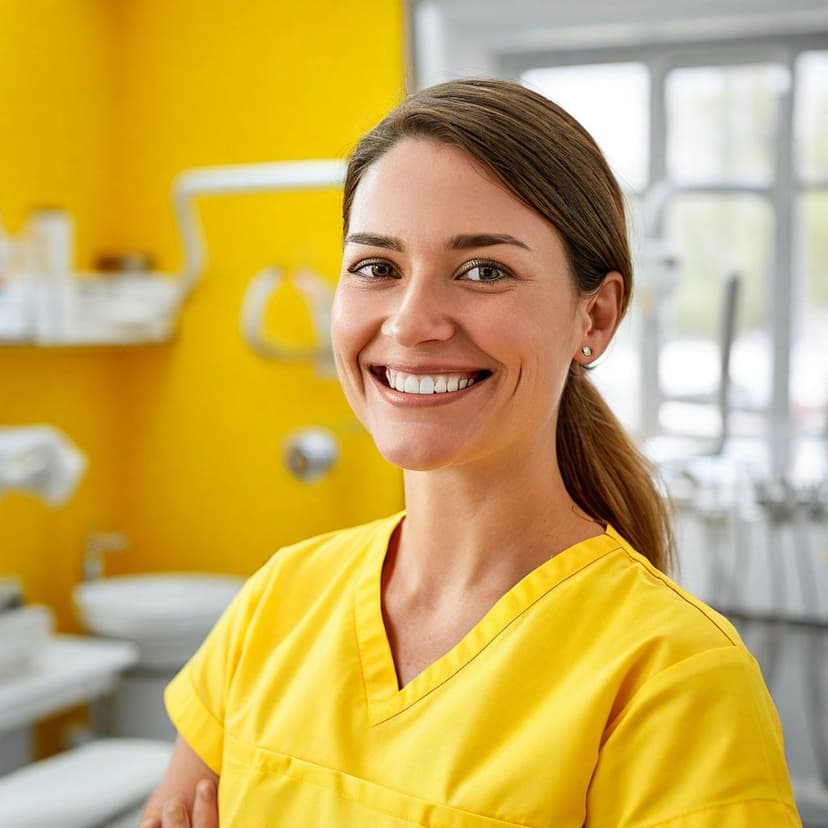 A 35-year-old dentist smiles gently at work