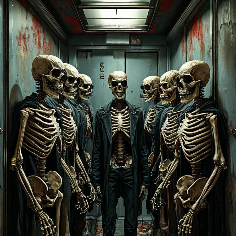 Five skeletons in a cramped elevator