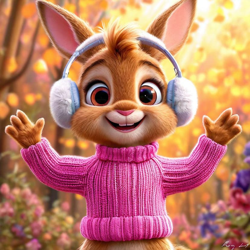 A cheerful cartoon bunny in a pink sweater and white earmuffs dances joyfully
