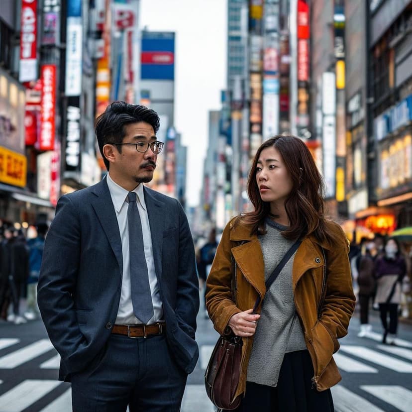 A businessman and a woman in casual wear debate budgets and tactics on a bustling Tokyo street corner