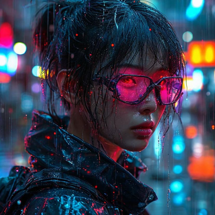 Neon-lit Asian cyberpunk portrait