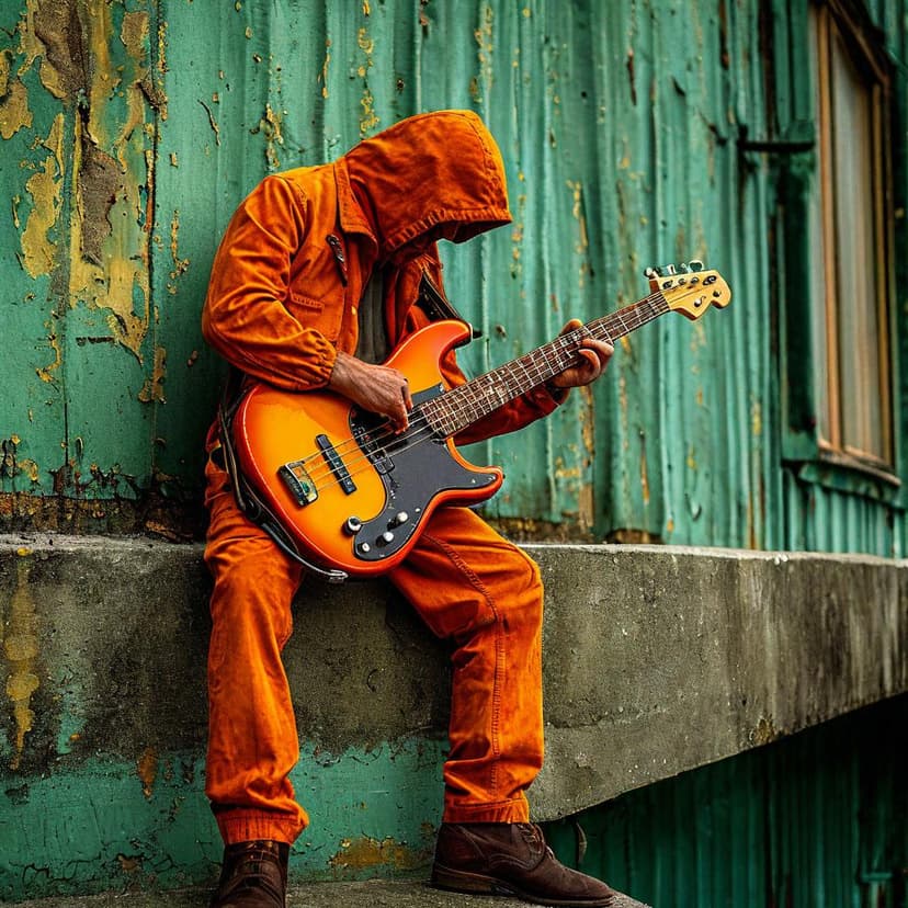 An orange-coated jazzman plays his bass on a dramatic ledge