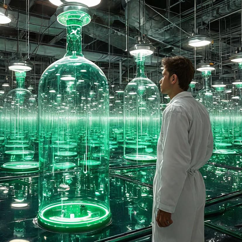 A scientist in white stares sorrowfully at a glass pod