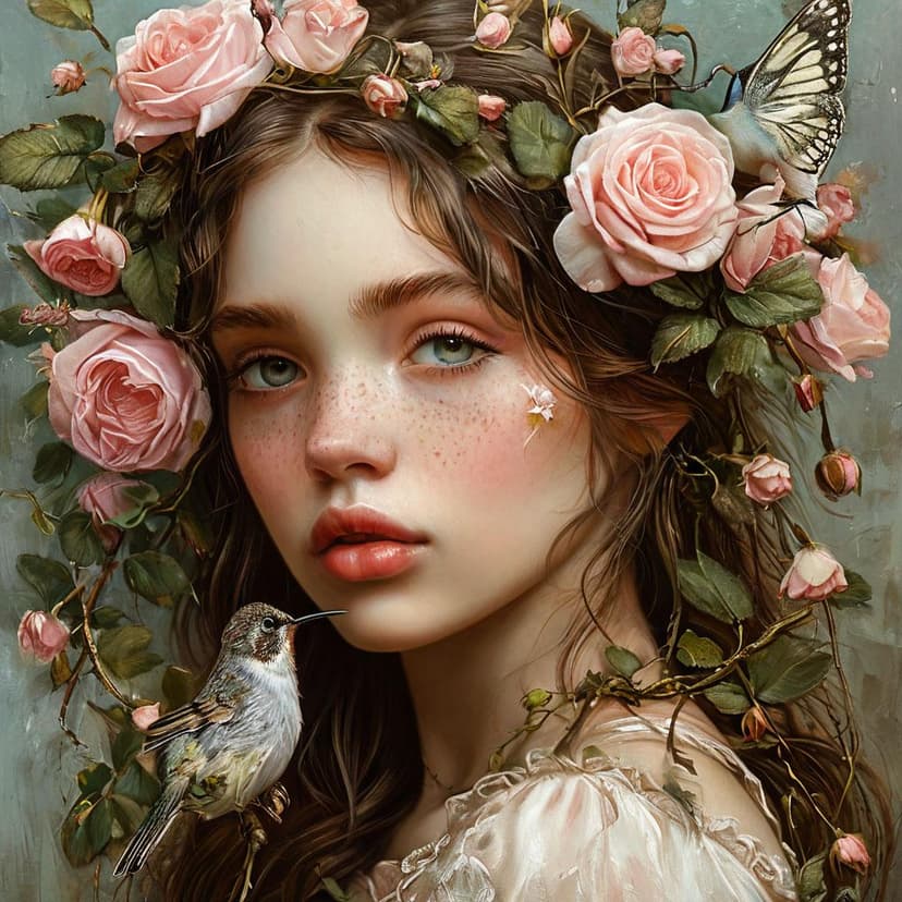 A delicate pink rose garland with birds and butterflies