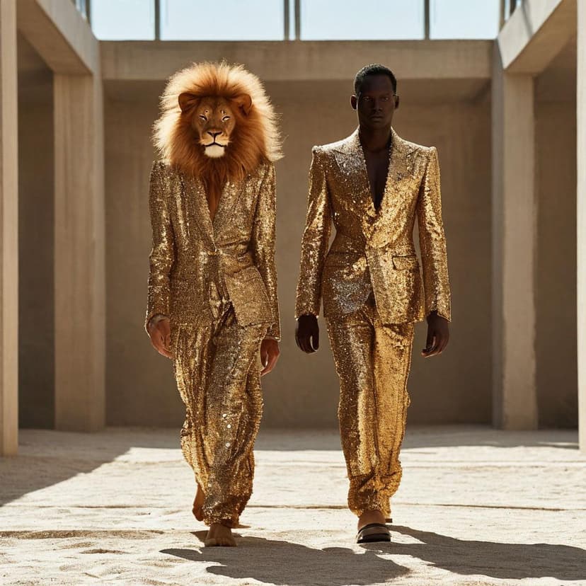A sculptural CHANEL queen strides in sync with a hyper-muscular lion king in a tailored suit through a sleek minimalist space—editorial perfection